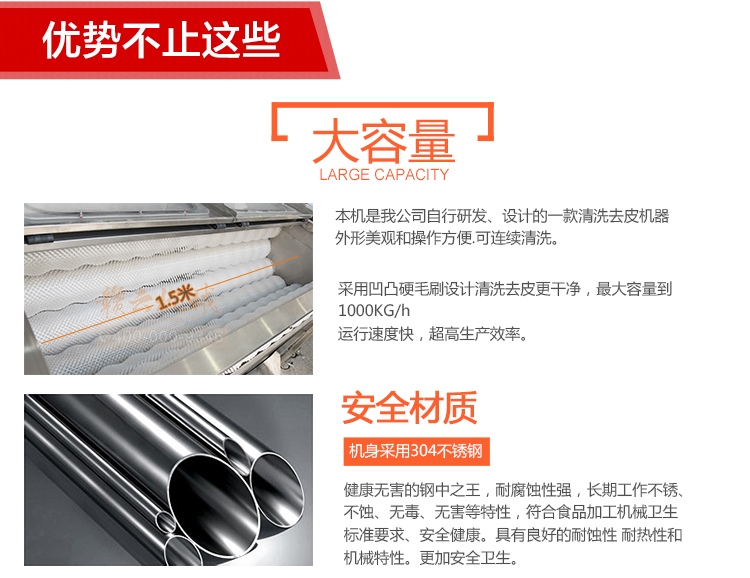 大容量毛輥清洗去皮機(jī)，機(jī)身304不銹鋼設(shè)計(jì)，符合食品機(jī)械加工食品衛(wèi)生要求(圖6)